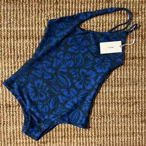 MIKOH Pahoa High Neck Cross Shoulder Sporty One Piece in Luau Iris  NWT